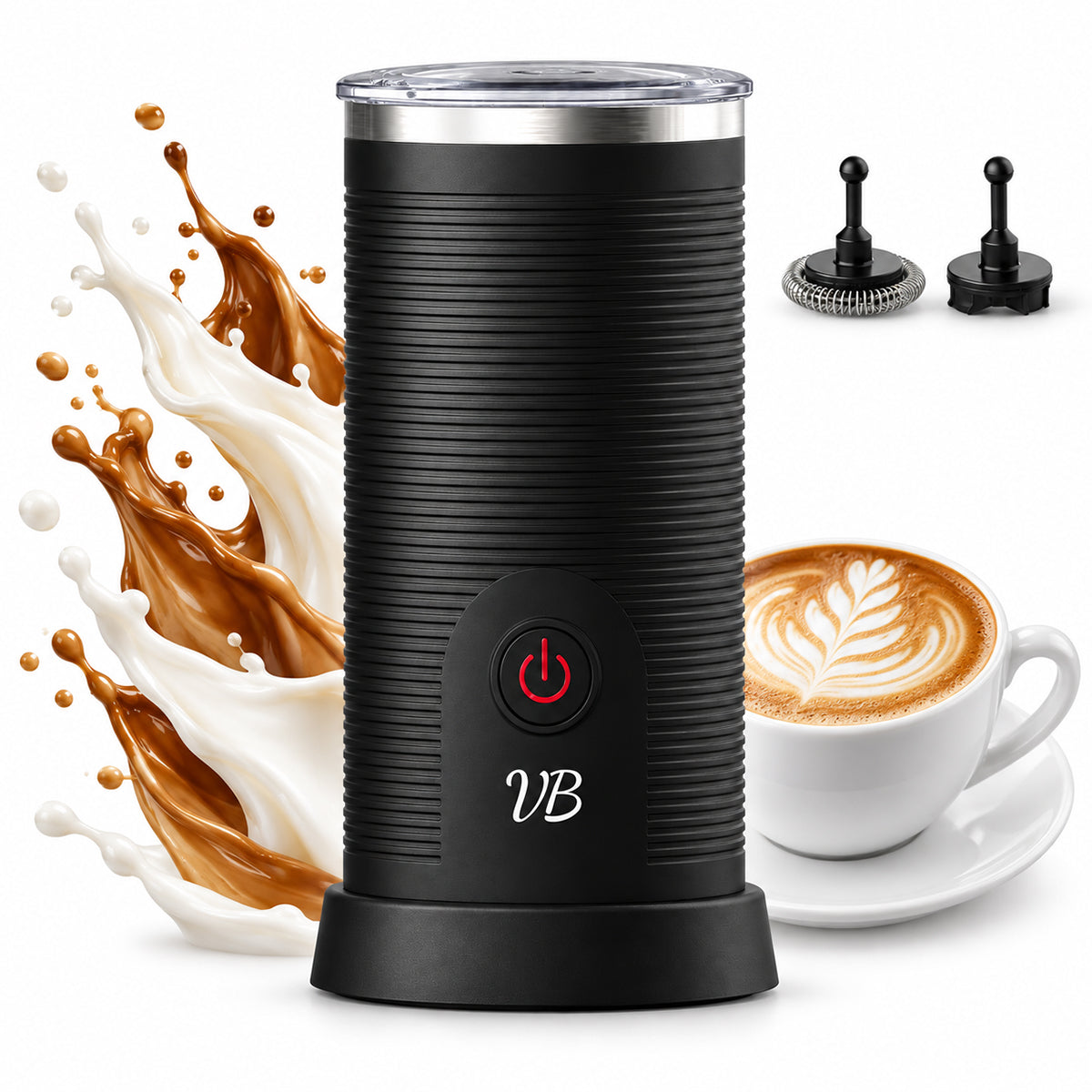 Mousseur à lait Velvet Bliss noir de Martello avec éclaboussures de lait et de café, deux inserts et un cappuccino